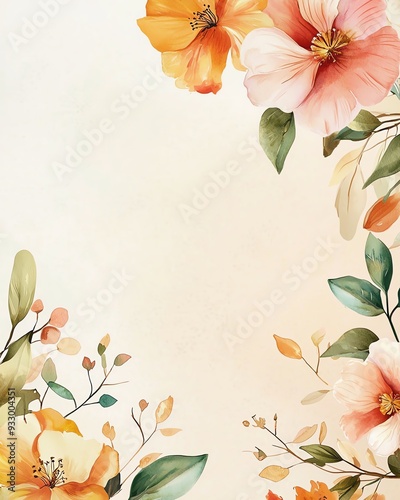 Watercolor floral border with peach and yellow flowers on a beige background.