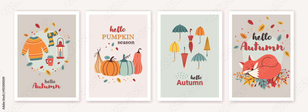 Autumn poster template collection in flat design. Fall, Thanksgiving day card or background set in trendy style. Vector illustration. Autumn poster template collection in flat design. Fall, Thanksgiving day card or background set in trendy style. Vector illustration.