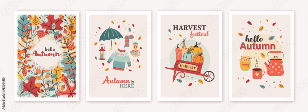 Autumn poster template collection in flat design. Fall, Thanksgiving day card or background set in trendy style. Vector illustration. Autumn poster template collection in flat design. Fall, Thanksgiving day card or background set in trendy style. Vector illustration.
