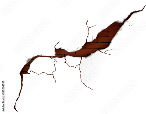 Broken concrete or painted white wall with red brick surface behind hole. Realistic 3d vector illustration of fissure split hole in drought distressed cement surface. Crushed breach with cleft.