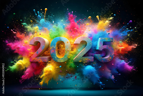 Vibrant 2025 Typography with Color Explosion Background. Dynamic 2025 Graphic Design with Spectrum Color Bursts