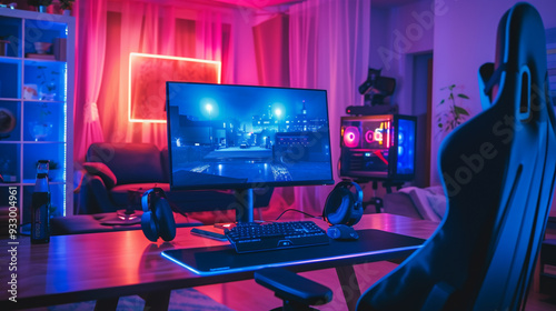 Powerful Personal Computer Gamer Rig with First-Person Shooter Game on Screen. Monitor Stands on the Table at Home photo