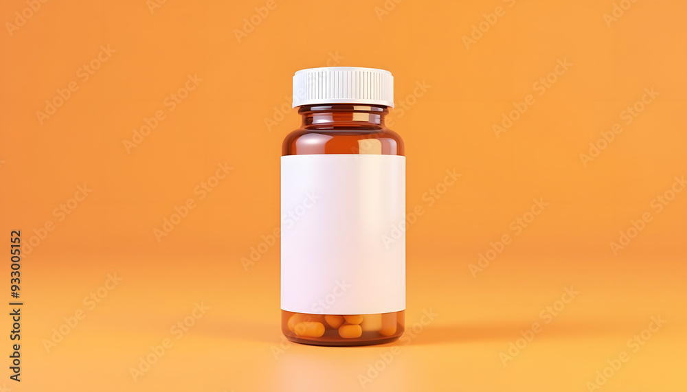 Transparent Medicine Glass Bottle Mockup with White Label on Orange Background Transparent Medicine Glass Bottle Mockup with White Label on Orange Background
