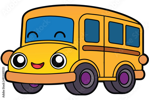 a cartoon drawing of a yellow school bus with a smiling face. generative AI. 