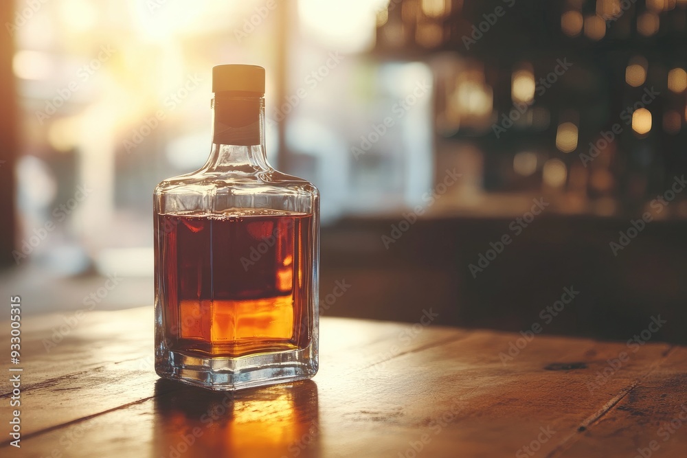 Bottle of alcohol sitting on table in bar at sunset Bottle of alcohol sitting on table in bar at sunset