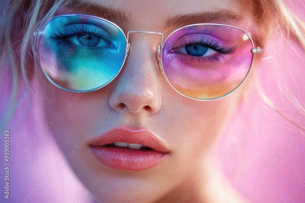 Close up of blonde woman wearing sunglasses with colorful lenses Close up of blonde woman wearing sunglasses with colorful lenses