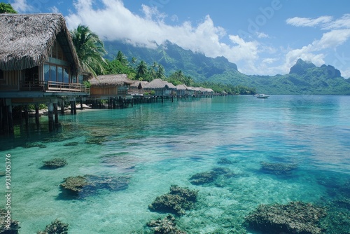 Crystal clear water surrounding tropical bungalows in bora bora french polynesia