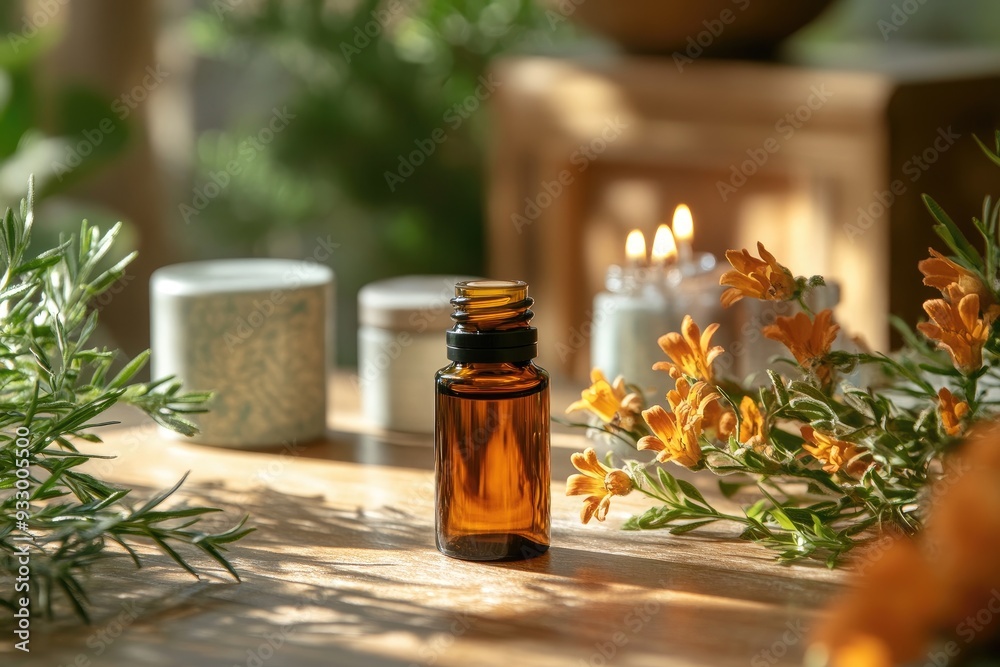 Amber glass essential oil bottle sitting on wooden table with orange flowers and lit candles in background Amber glass essential oil bottle sitting on wooden table with orange flowers and lit candles in background