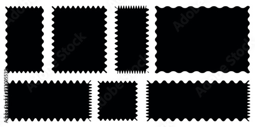 Rectangle shape frame with zigzag edge. Geometric zig zag wavy stickers. Wiggly undalute square badge, ate poster, banner, soci. Vector graphic illustration.