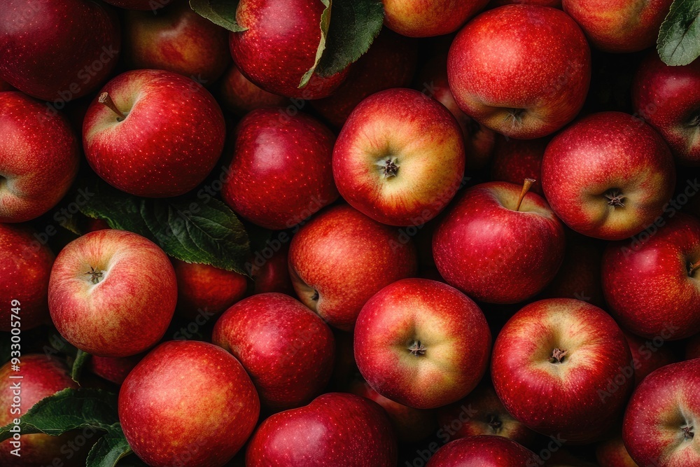 Freshly picked red apples with water droplets and leaves Freshly picked red apples with water droplets and leaves