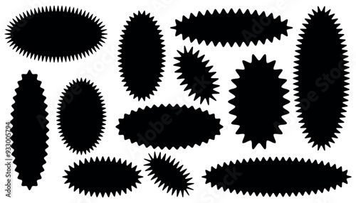Set of circles with zigzag edges. Labels, stickers, badges, stamps round shapes. Star or sunburst icons isolated on white background. Vector graphic illustration. 