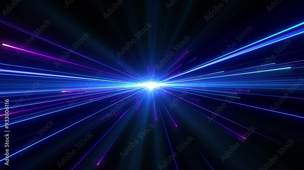 Bright radial light beams. Abstract background in blue neon glow color. Light burst in universe. Space background for event, party, carnival, celebration, anniversary or other.