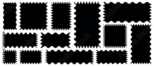 Set of frames with zigzag edge, scallop edge shape. Set of jagged ellipses elements. Rectangle shape frame with zigzag edge. Geometric zig zag wavy stickers. 