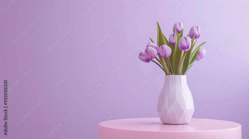 Purple Tulips in a White Vase on a Pink Table Purple Tulips in a White Vase on a Pink Table