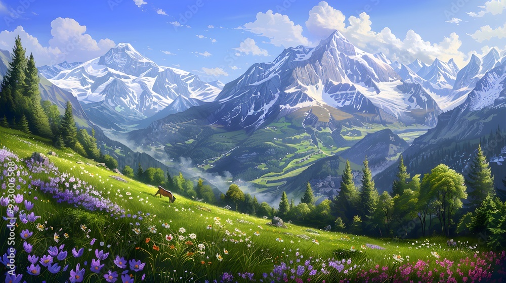 Fototapeta premium Idyllic mountain landscape in the Alps with blooming meadows in springtime. 