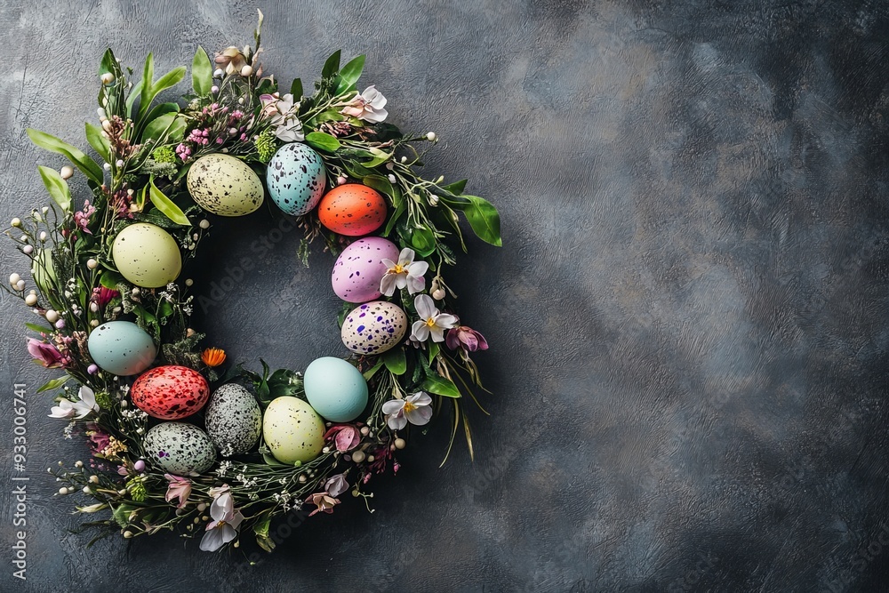 Handmade easter wreath with colorful eggs and spring flowers photography for seasonal decor Handmade easter wreath with colorful eggs and spring flowers photography for seasonal decor