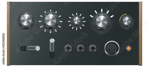 Set of shiny metallic knobs and cable inputs for a vintage radio  transmitter, synthesizer, tv.