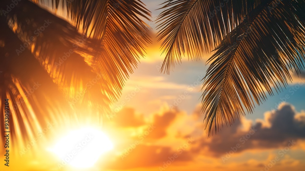 Palm tree leaves silhouette against a sunset sky. Palm tree leaves silhouette against a sunset sky.