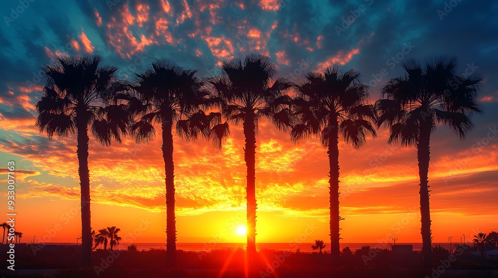 Obraz premium Palm Trees Silhouette Against a Fiery Sunset.