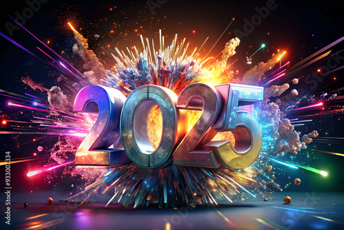 Bold 2025 Typography with Vivid Color Bursts. Festive 2025 Graphic Design for New Year's Eve Party