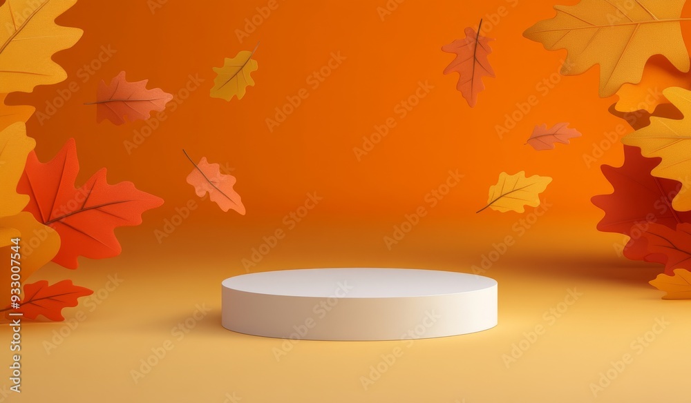 Autumn background with leaves and podium for product display presentation Autumn background with leaves and podium for product display presentation