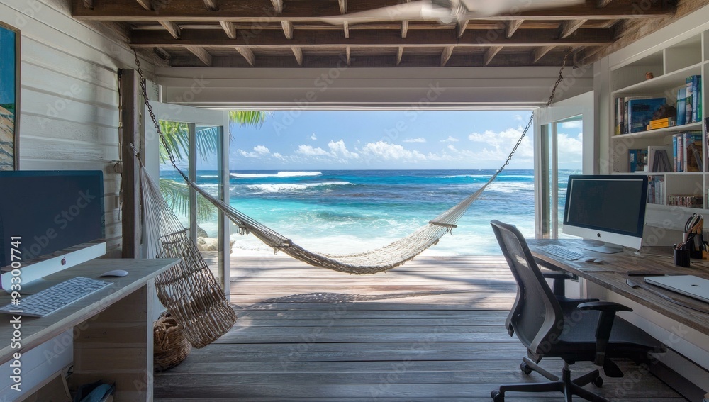 Fototapeta premium Office space with a view of a beach and ocean.