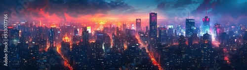 Wallpaper Mural Vibrant cityscape at dusk, glowing lights, bustling streets, urban energy, watercolor style, bold contrasting colors Torontodigital.ca