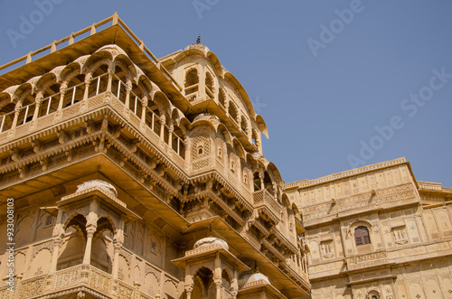 Jaisalmer Fort, Intricate stonework, Details of beautiful heritage building, carving windows or zarokas made up of yellow limestone, UNESCO world heritage site, Jaisalmer, Rajasthan, India, Asia.
