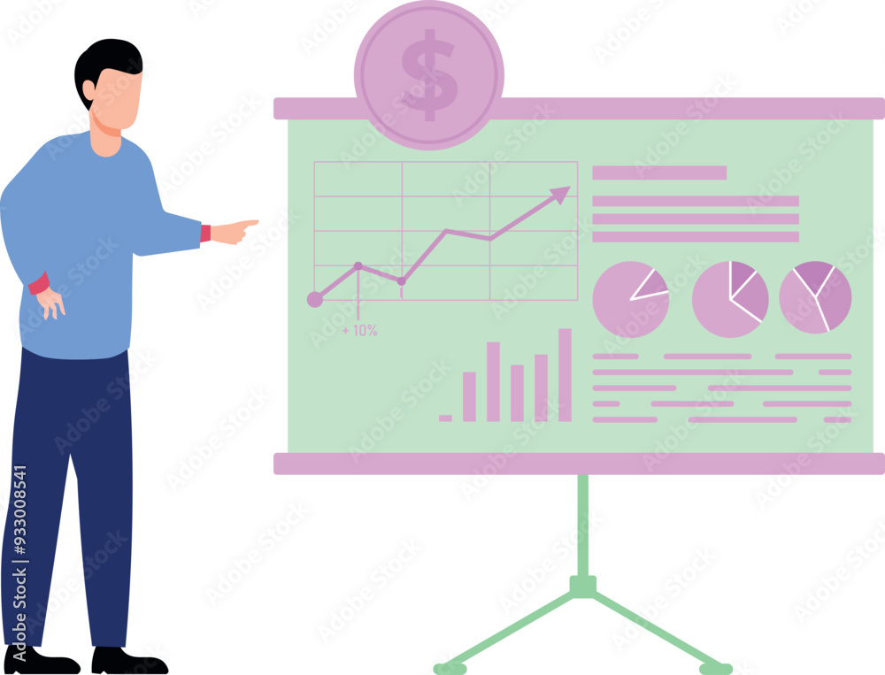 Boy giving dollar chart graph presentation. Boy giving dollar chart graph presentation.