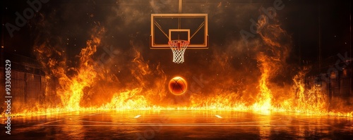 Dynamic basketball hoop with flaming basketball in a fiery court