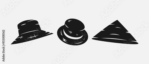 Set silhouettes of straw, sun hat, farmer hat. Icon, logo on white background. Vector illustration.