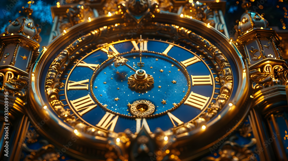 Closeup of a Golden Clock Face with Blue Background and Stars Illustration Closeup of a Golden Clock Face with Blue Background and Stars Illustration