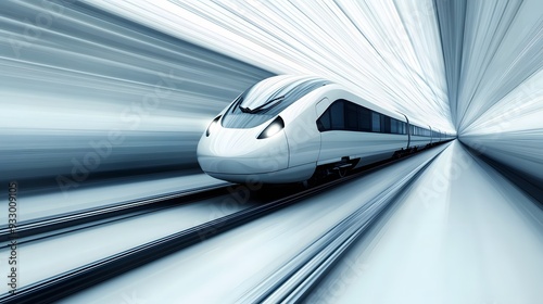 A high-speed electro train with a futuristic, smooth design, racing along a sleek track with vivid motion lines, set against a pure white background, creating a dynamic and high-tech visual impact,