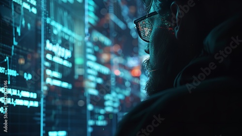 A man in front of a digital screen with binary code, symbolizing hacking and cyber security threats