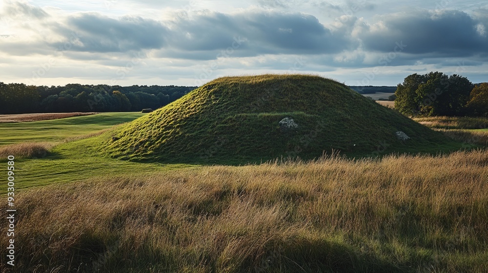 A Bronze Age burial mound in Denmark, featuring an ancient, earthen structure that serves as a historical site. A Bronze Age burial mound in Denmark, featuring an ancient, earthen structure that serves as a historical site.