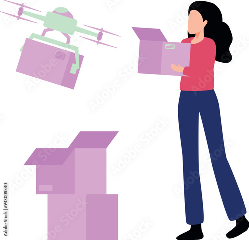 Girl receiving parcel by drone.