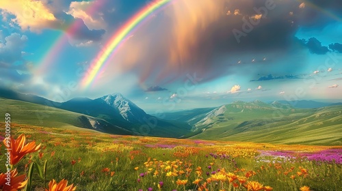 On a vast grassland, a brilliant rainbow appeared in the sky, with seven colors interwoven into a brilliant bridge connecting two distant mountain. Generative AI.