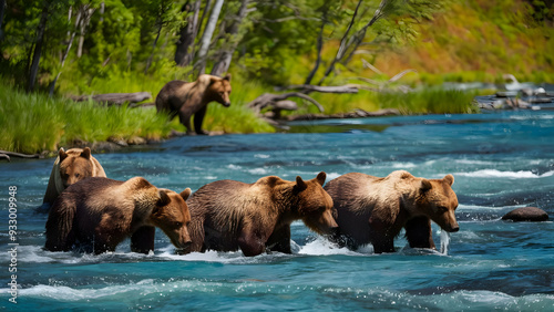 Group of Alaskan brown bears fishing in river
