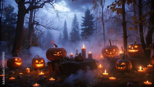 Jack-o'-lanterns lit with candles in a foggy forest on a spooky Halloween night.