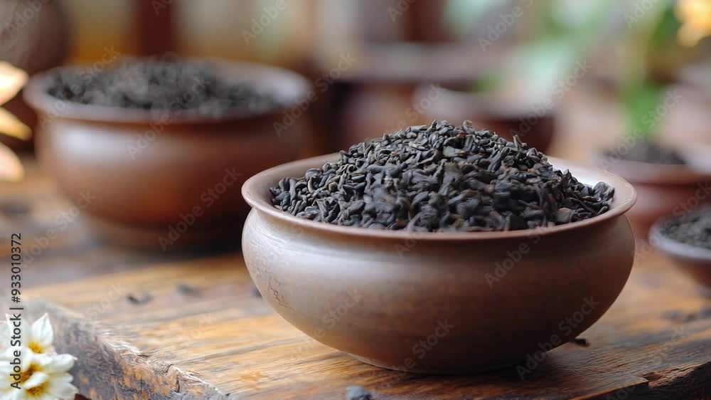 The Black tea leaves are neatly arranged in rustic bowls on a wooden table. The Black tea leaves are neatly arranged in rustic bowls on a wooden table.