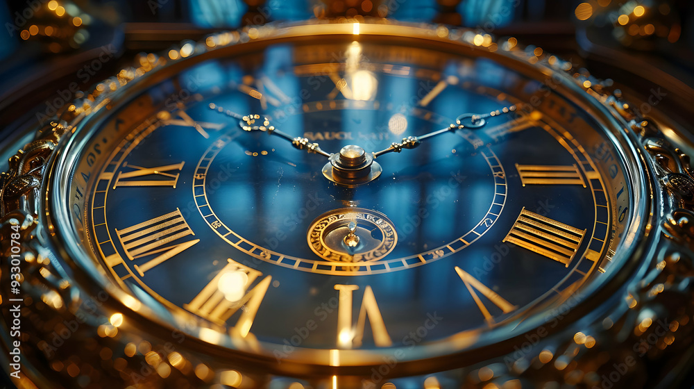 Obraz premium Closeup of an Antique Clock Face with Roman Numerals and Golden Accents Illustration