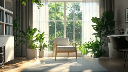 A living room with a window, chair, plants, and a