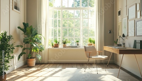 Sunny office with a desk, chair, plants and artwork.