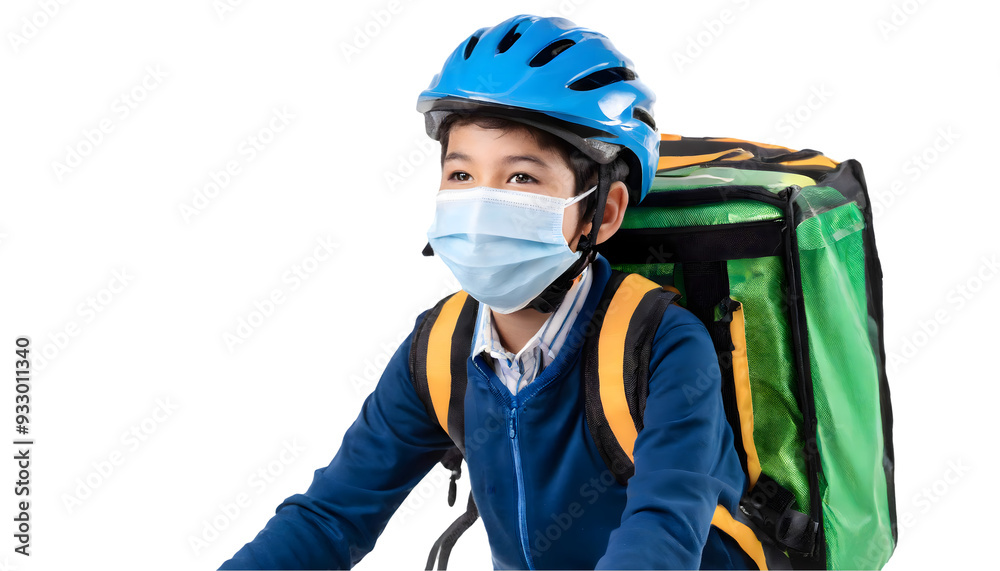 Delivery Boy With Mask Riding Bike on a isolated on white background. Generative AI. Delivery Boy With Mask Riding Bike on a isolated on white background. Generative AI.