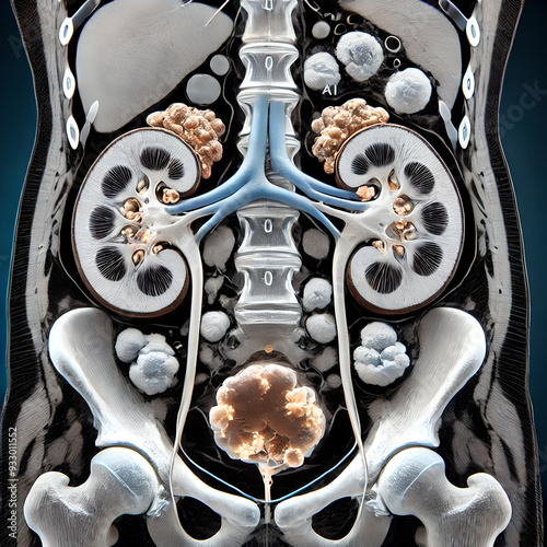 The CT scan clearly shows kidney stones located in the renal pelvis. A contrast agent was used to make the stones highly visible against the surrounding tissue. The urinary tract is also visible.