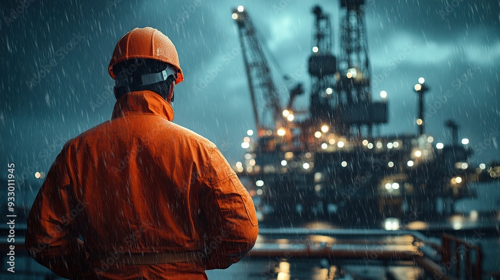 Industrial worker in orange overall and helmet watches the work of an oil rig. View from the back, oil rig in background, night, rain, stormy weather. copy space for text. Industrial worker in orange overall and helmet watches the work of an oil rig. View from the back, oil rig in background, night, rain, stormy weather. copy space for text.