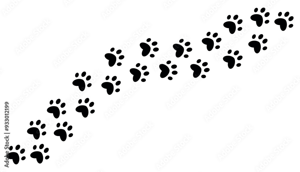 The trail of a pet's paw prints. Silhouette of a kitten's paw. Puppy's footprint, tiger's paw print. The outline of a cat's stride. Isolated on a white background. The trail of a pet's paw prints. Silhouette of a kitten's paw. Puppy's footprint, tiger's paw print. The outline of a cat's stride. Isolated on a white background.