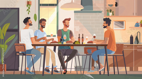 A vibrant and colorful illustration showcases four close friends joyfully enjoying a delightful meal and refreshing drinks at a cozy dining table situated within a modern, stylish kitchen space