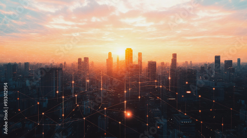 Smart digital Innovation city with connection network reciprocity over the cityscape. of future smart wireless digital city and social media networking systems that connects people with in city