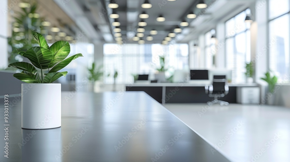Fototapeta premium A modern office setting showcases a lush potted plant on a sleek desk, enhancing the bright atmosphere with natural light streaming through large windows